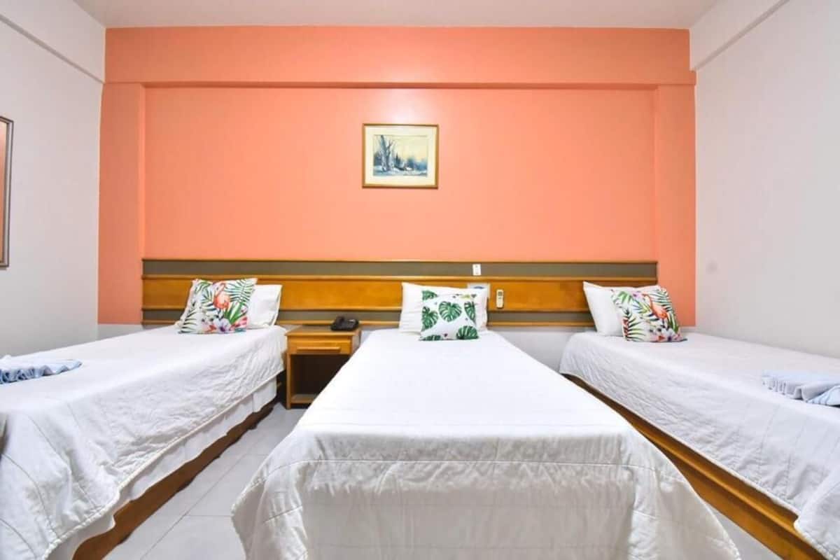 Habitación de hotel con dos camas individuales, cabecera de madera, mesita de noche con teléfono y un cuadro en la pared.