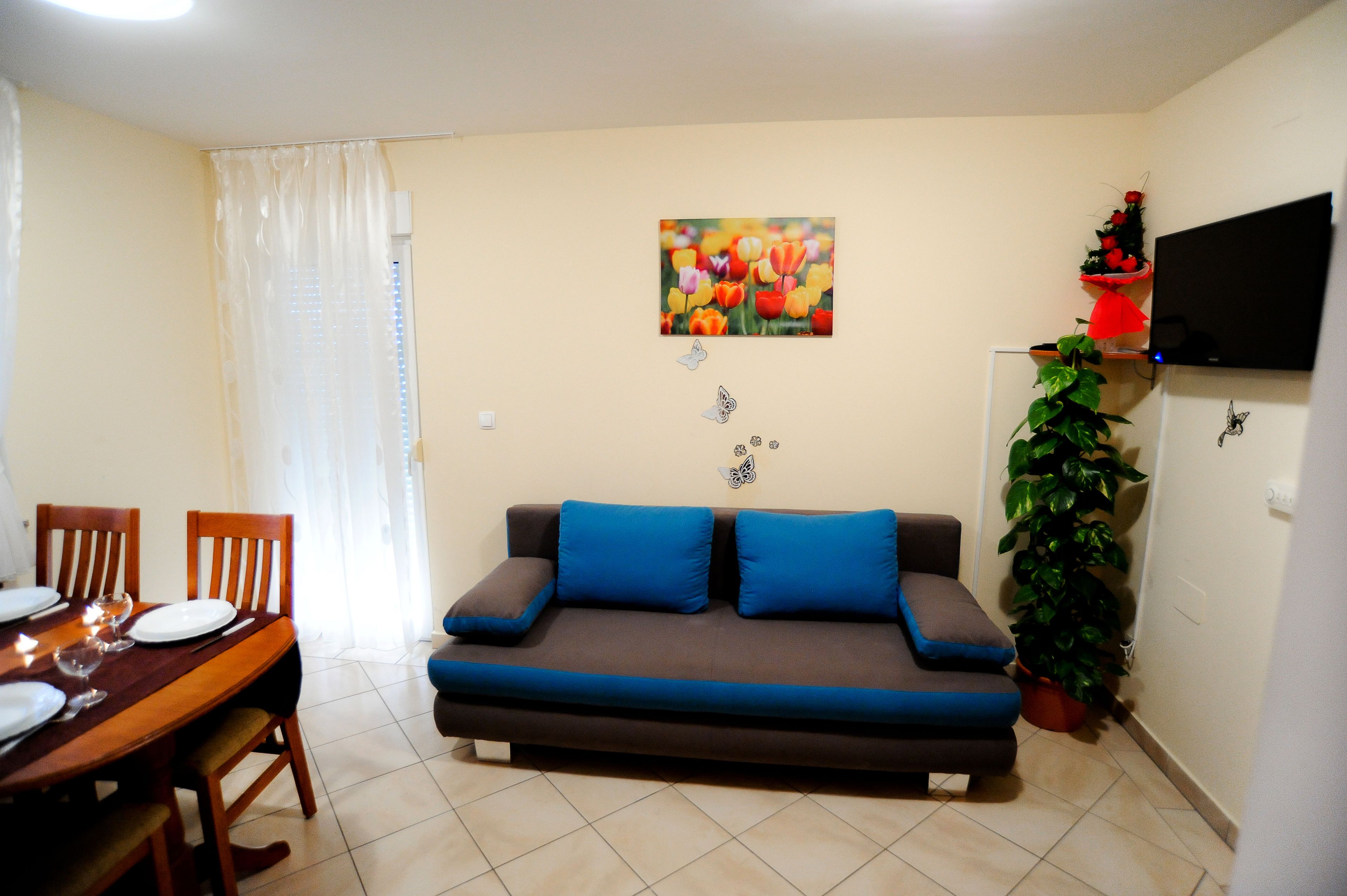 A living room with a sofa, a dining table set with plates and glasses, a TV mounted on the wall, and a potted plant.