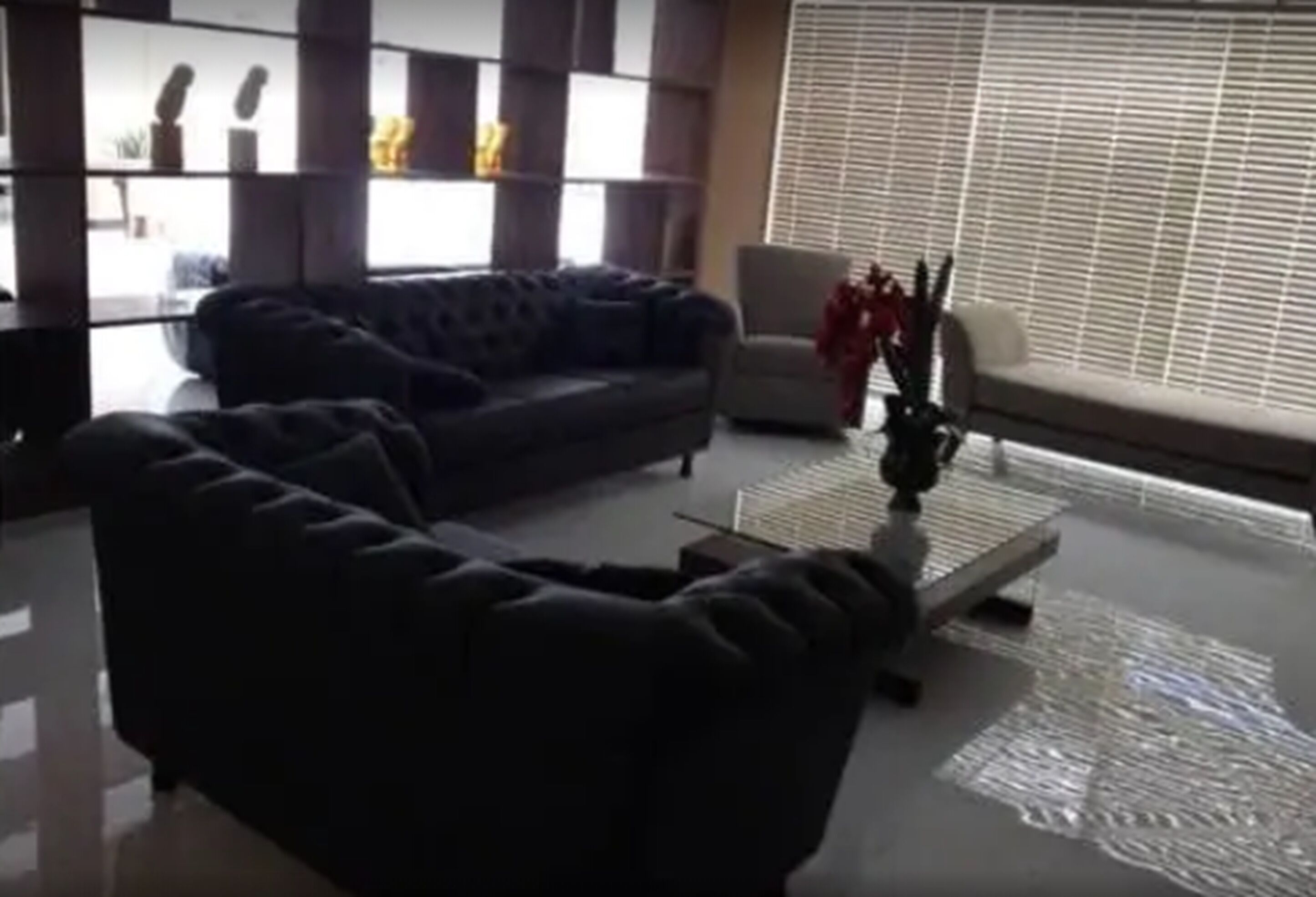 A modern living room with a dark-colored sofa, a coffee table, and a decorative vase.