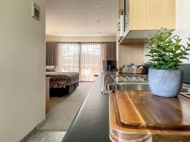 A compact hotel room with a kitchenette, a bed with a patterned bedspread, a TV, and a potted plant.