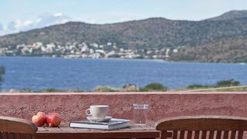 A wooden table with a cup, saucer, and two apples, overlooking a body of water and a hillside town.
