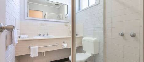 A modern bathroom with a glass shower enclosure, a white toilet, and a vanity with a mirror.