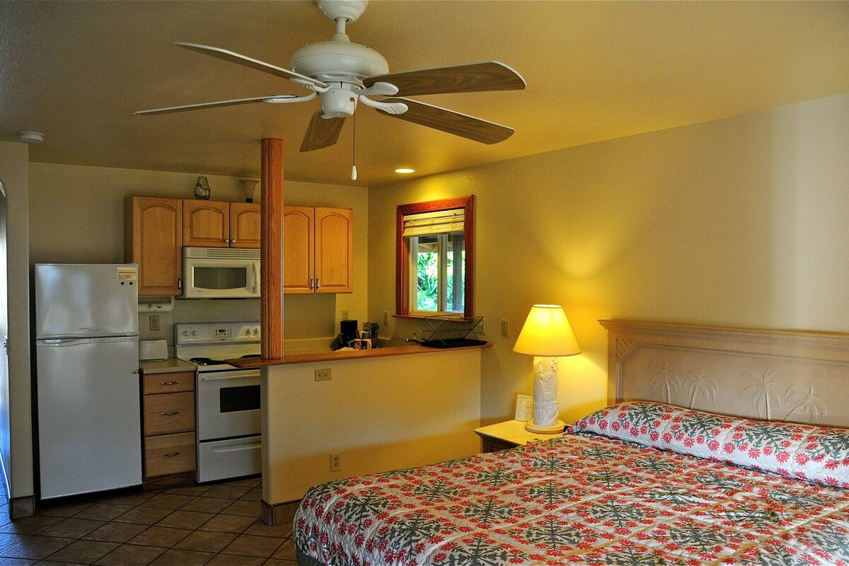 A compact hotel room with a kitchenette, a bed with floral bedding, a ceiling fan, and a nightstand with a lamp.