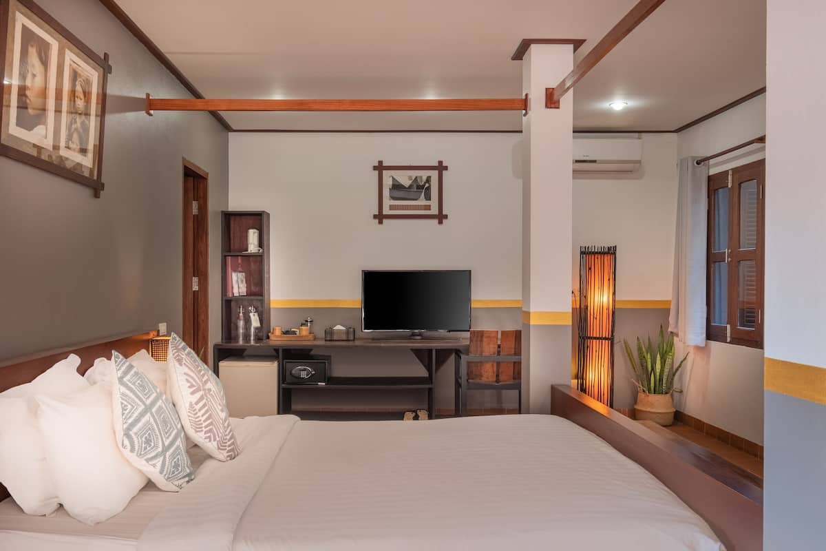 Une chambre à coucher avec un lit, un bureau, une télévision, une bibliothèque et une plante en pot.