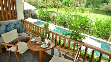 Outdoor pool, pool umbrellas, pool loungers