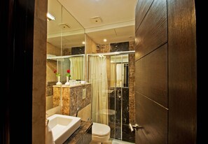 Shower, free toiletries, hair dryer, bathrobes