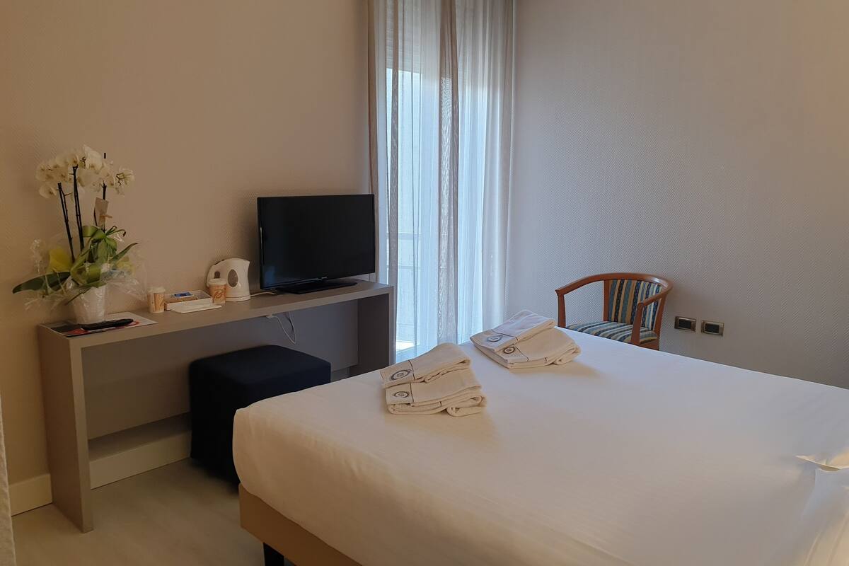 A hotel room with a bed, a desk with a television, a chair, a small table with a plant, and a window with curtains.