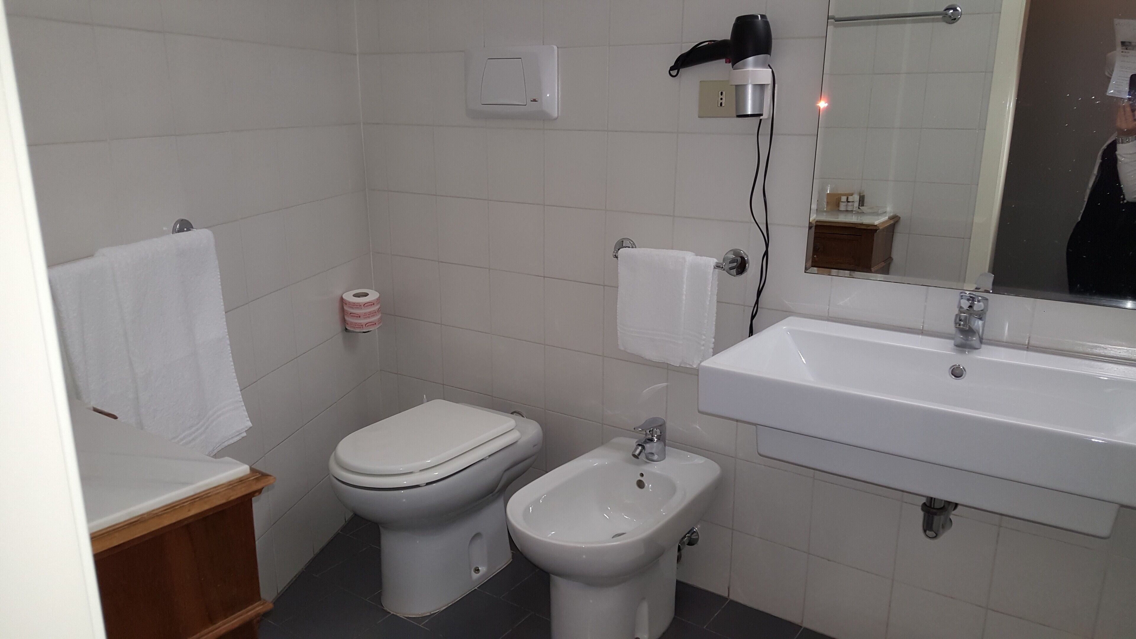 Ein kleines, sauberes Badezimmer mit Toilette, Bidet und Waschbecken. Eine Handtuchstange, ein Papiertuchspender und ein Fön sind an der Wand angebracht.