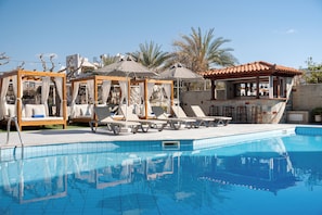 Outdoor pool, pool umbrellas, pool loungers