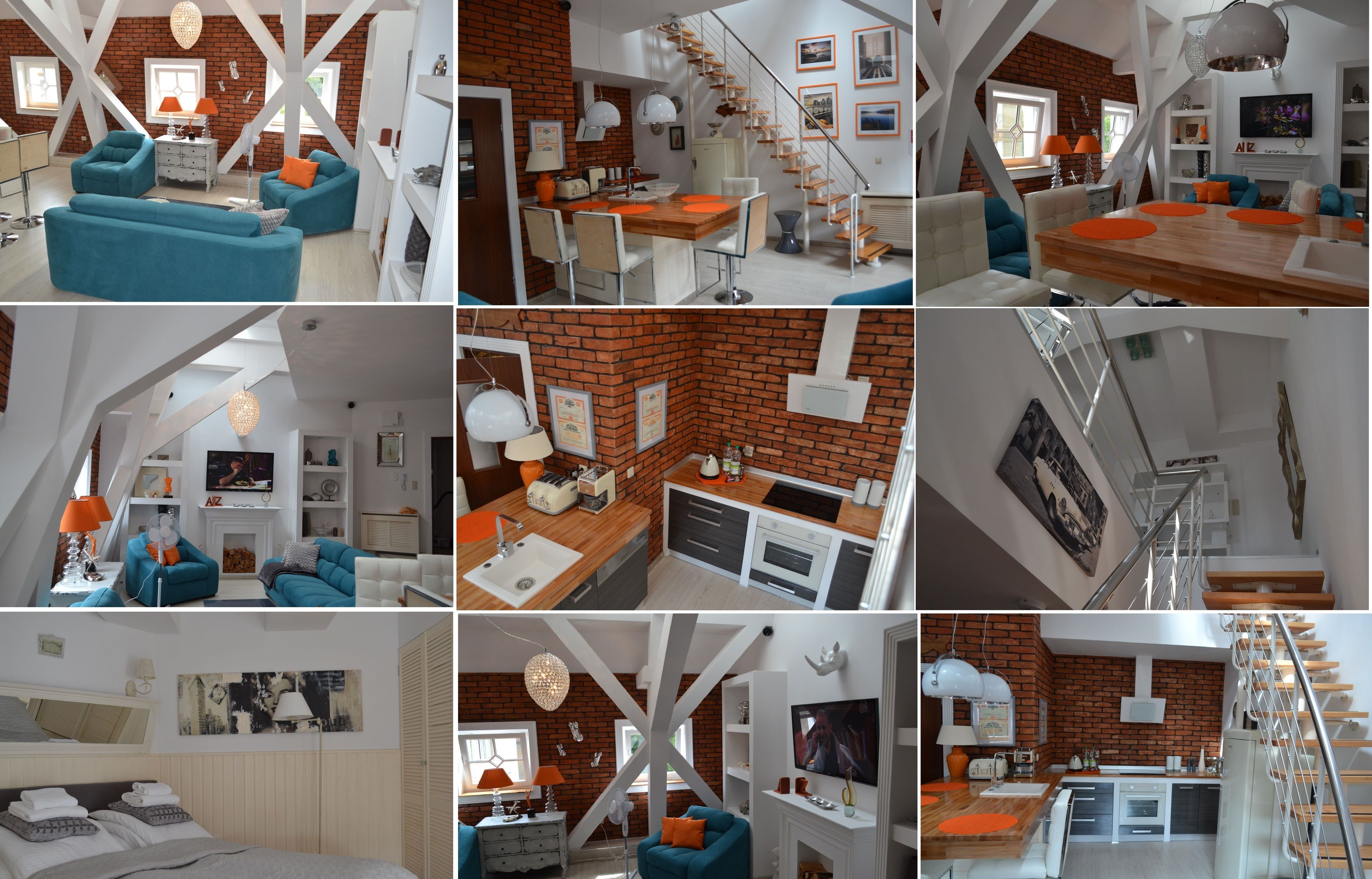 Eine Mehrstöckige Wohnung mit freiliegenden Backsteinwänden, einer Treppe und einer Küche mit modernen Geräten.