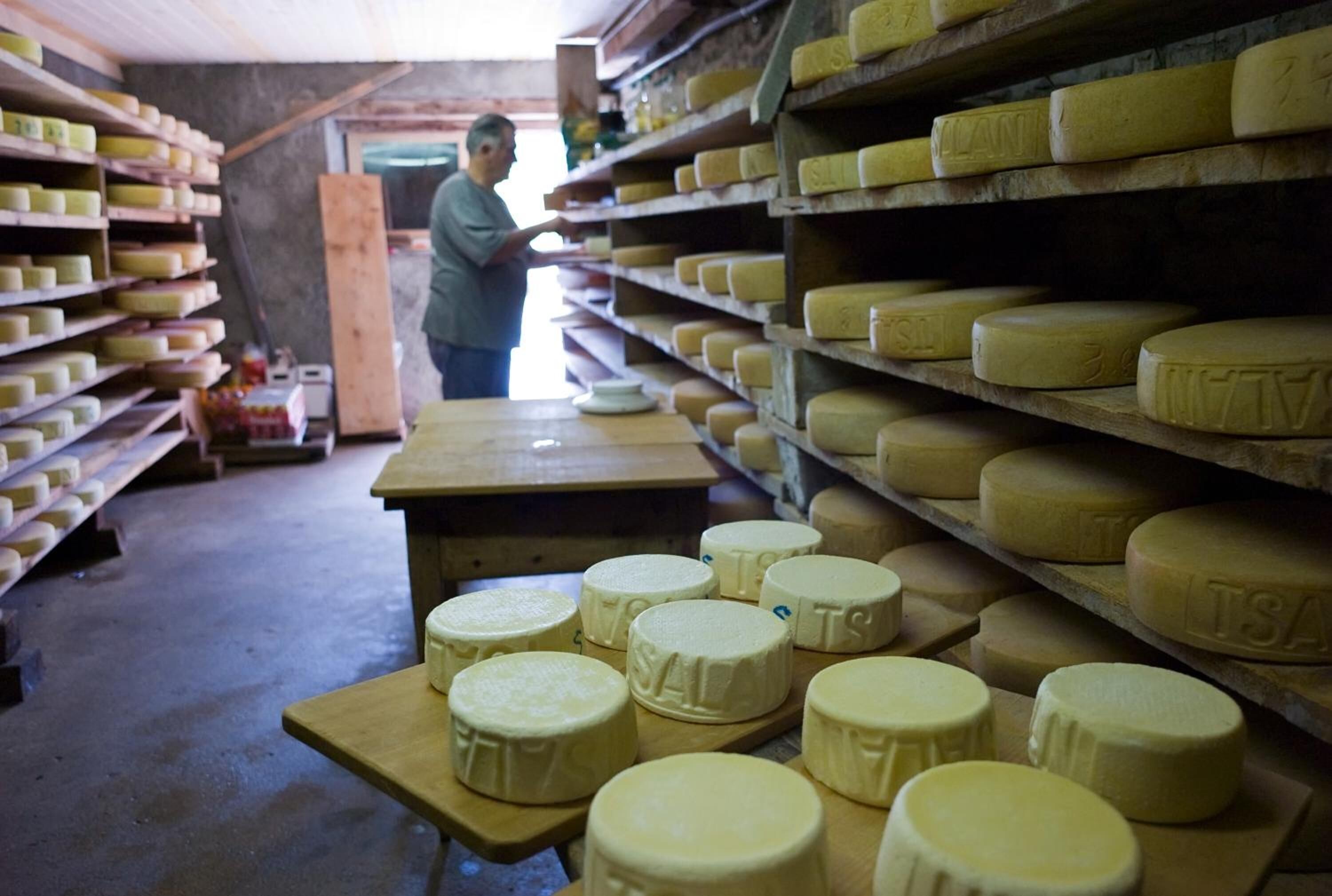 A cheese aging room with shelves of cheese wheels and a person in the background.