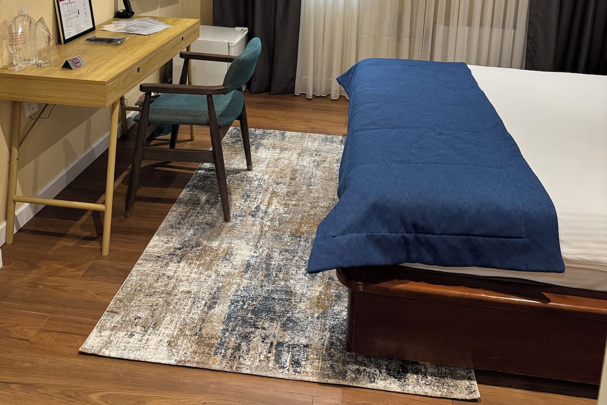 Minibar, desk, laptop workspace, blackout curtains