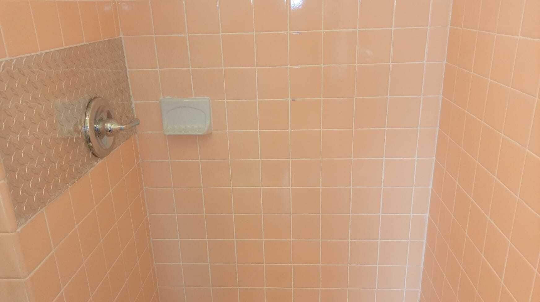 Zona de ducha con azulejos, cabezal de ducha manual y jabonera.