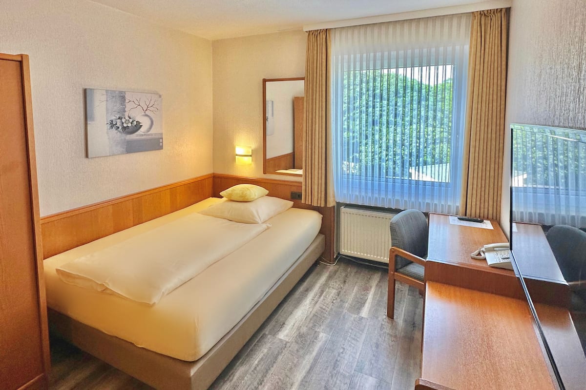 A hotel room with a bed, a desk, a chair, a window with curtains, a radiator, and a painting on the wall.