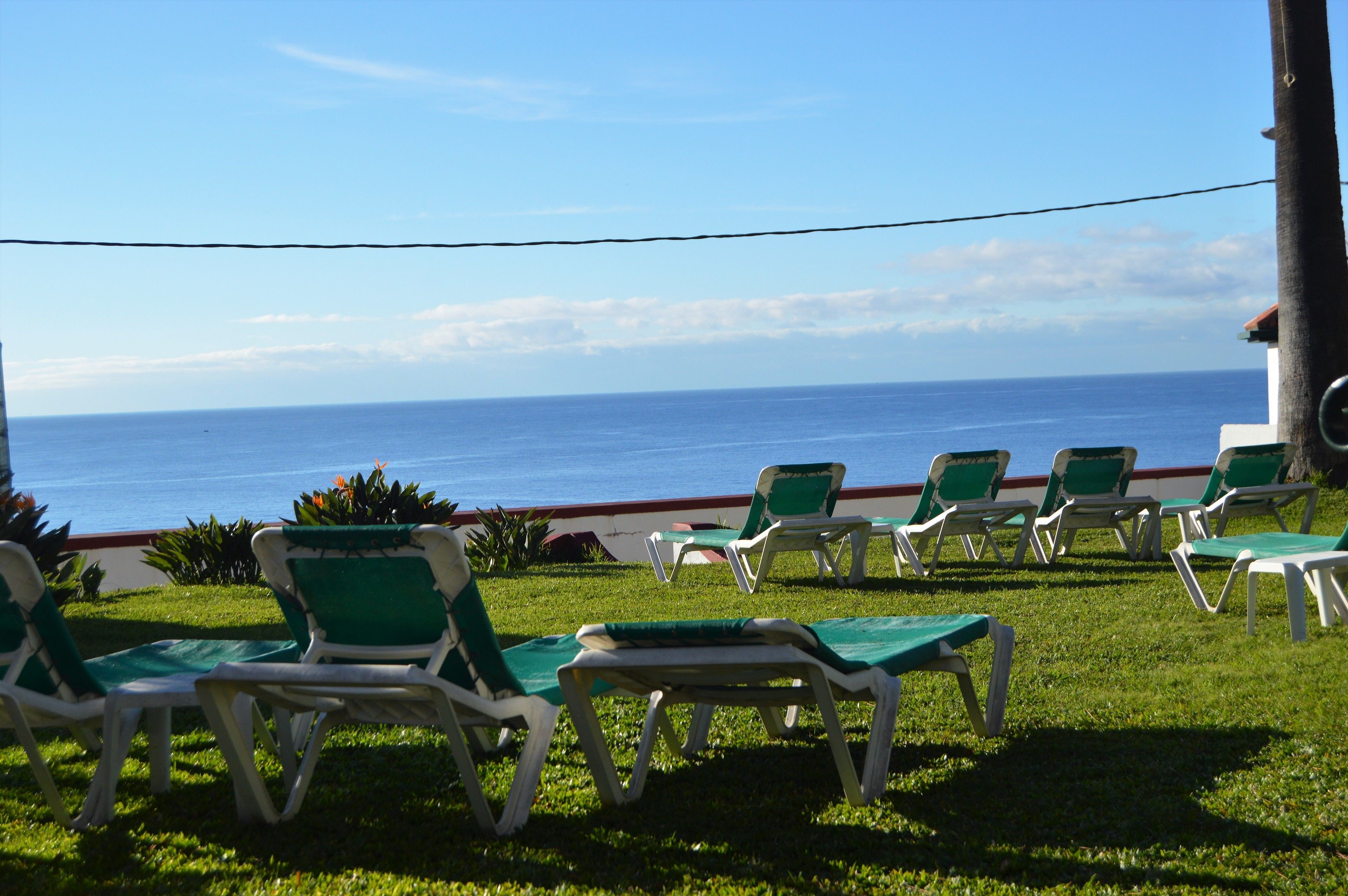 A row of green and white lounge chairs facing a body of water, with a clear sky above.