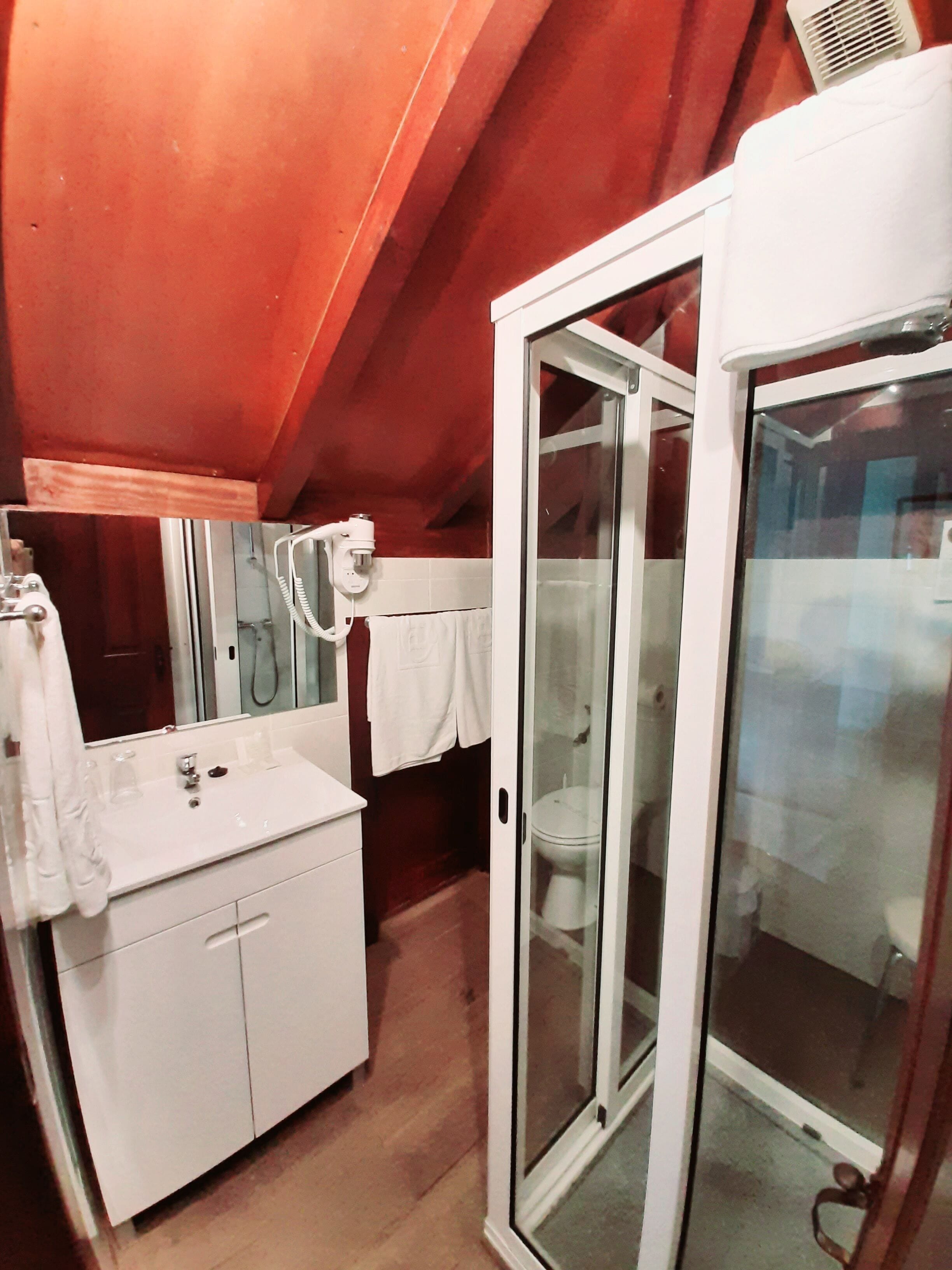 A bathroom with a white sink, mirror, and glass shower enclosure.