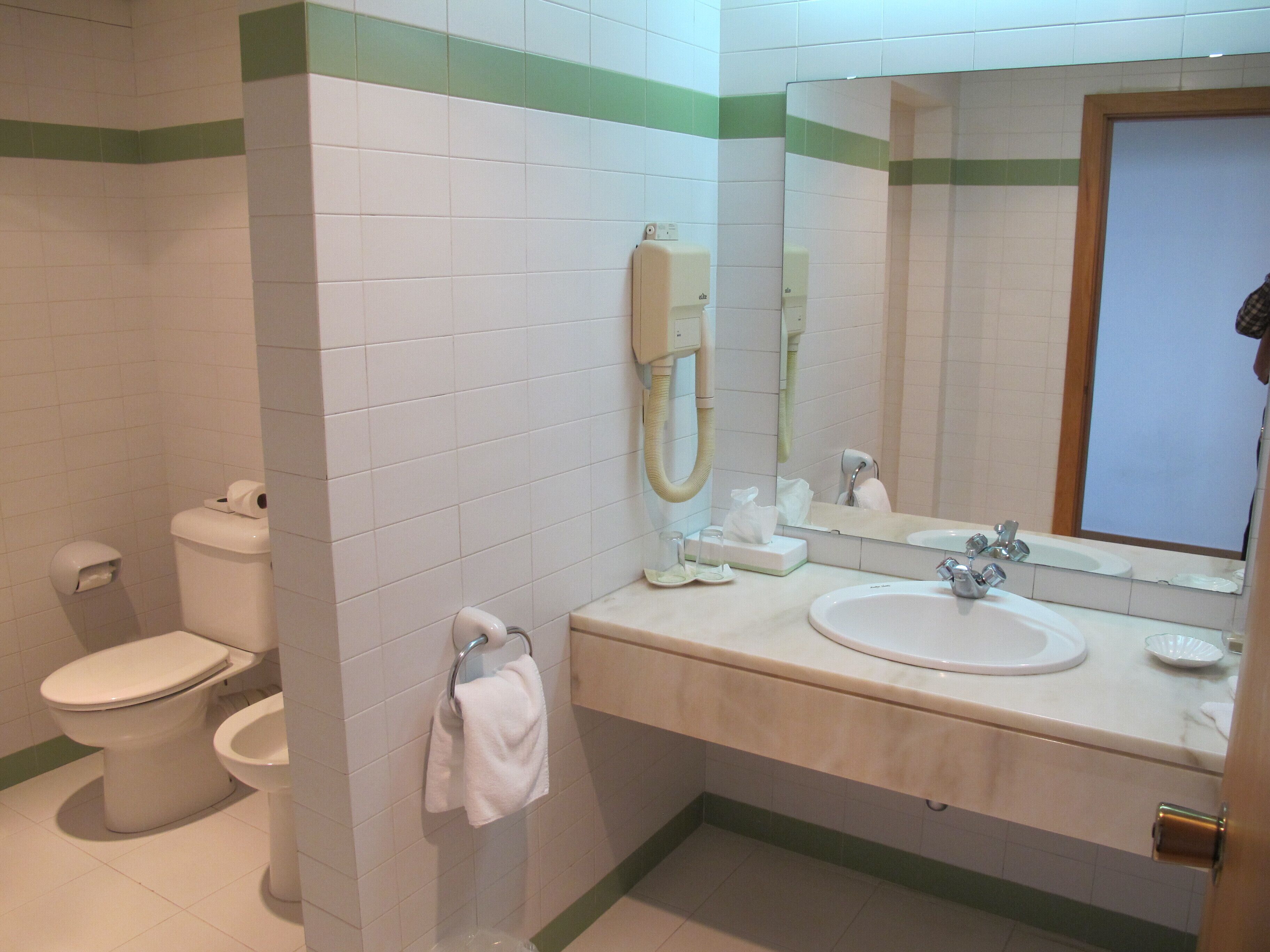 Een badkamer met toilet, wastafel en spiegel.