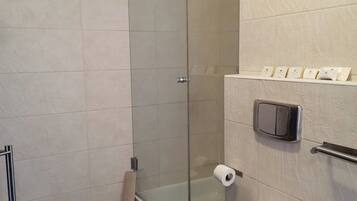 A modern bathroom with a glass shower enclosure, a toilet, and a sink.