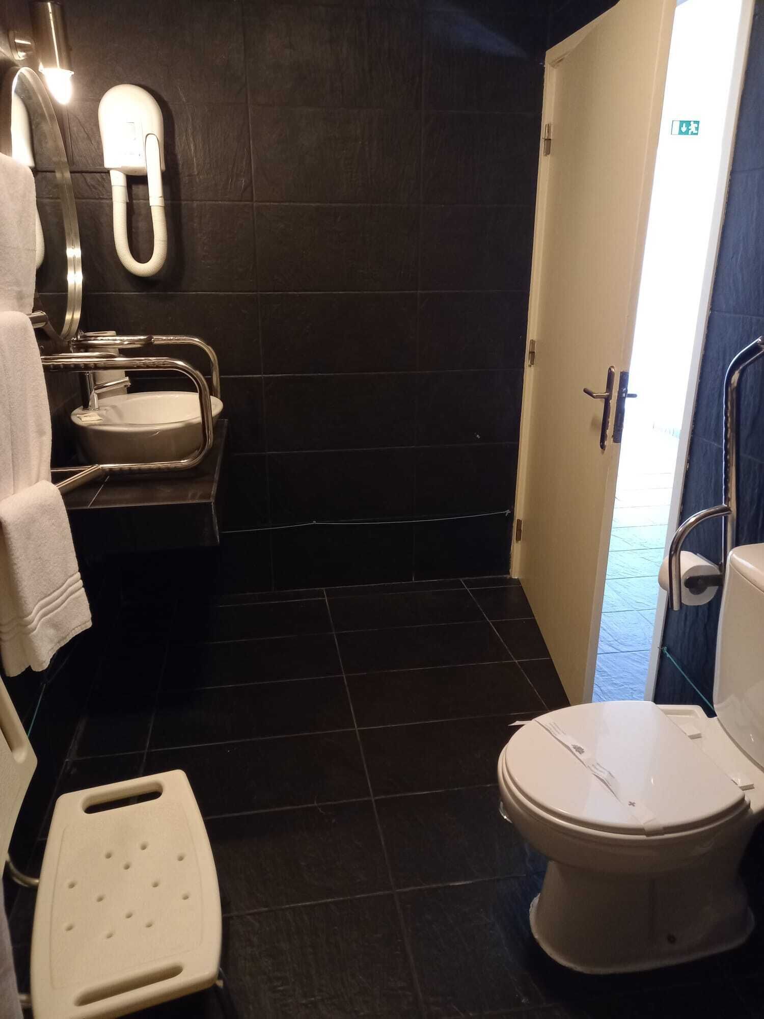 Et lille, moderne badeværelse med toilet, håndvask og håndtørrer.