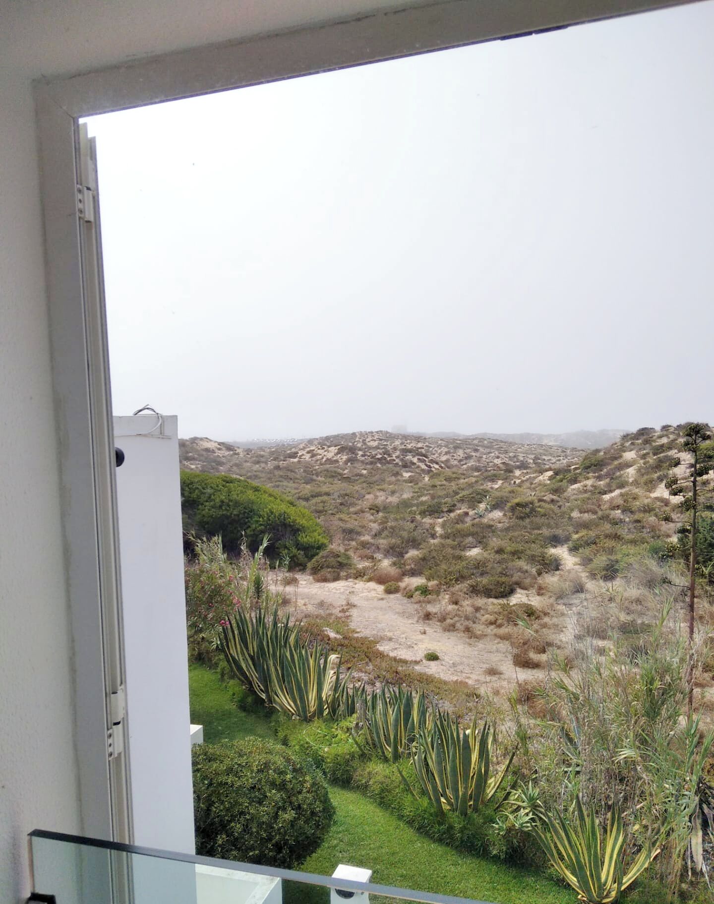 Un balcón con vistas a un paisaje desértico, que incluye vegetación escasa y colinas.