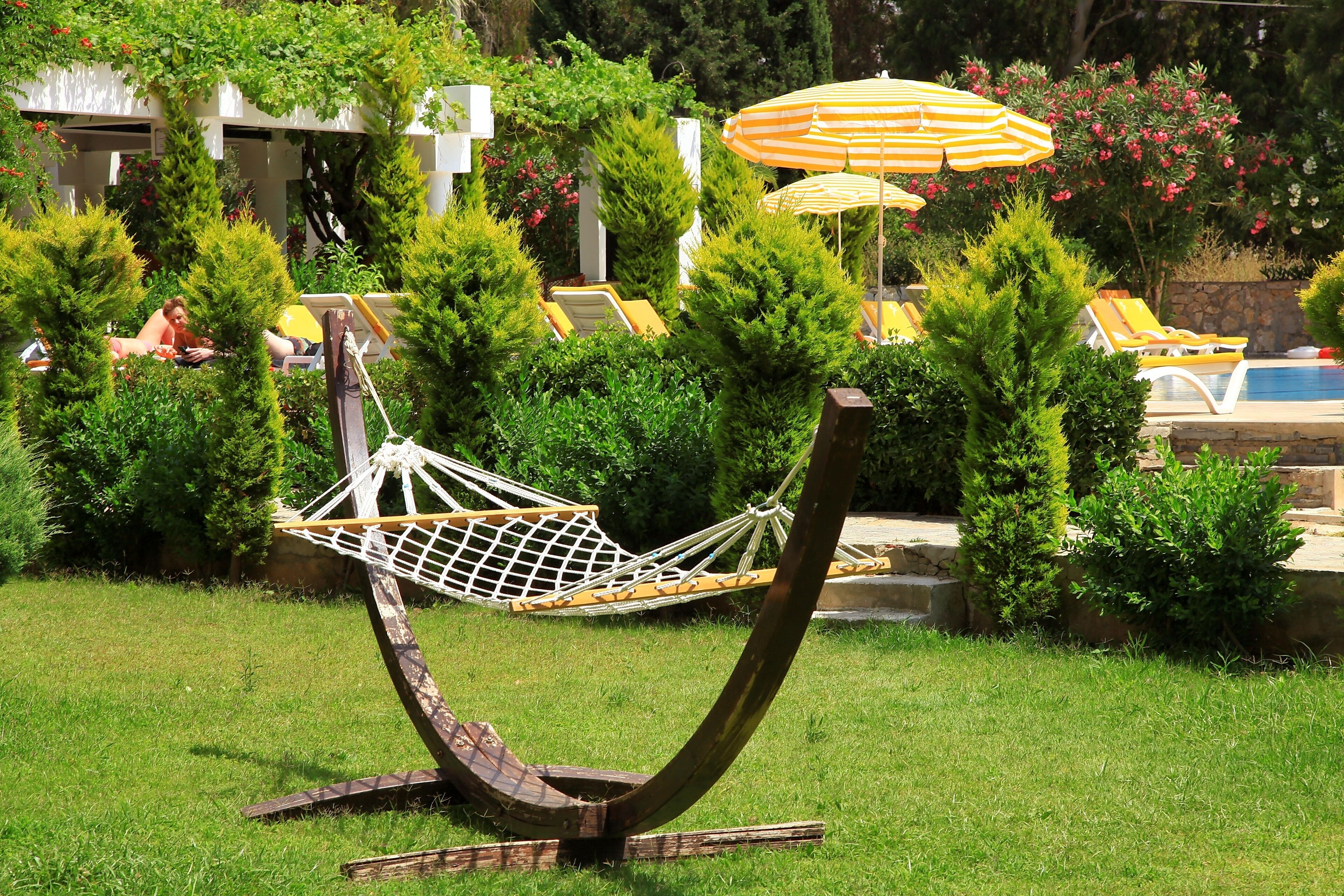 A hammock chair in a lush garden with a pool and sun loungers in the background.