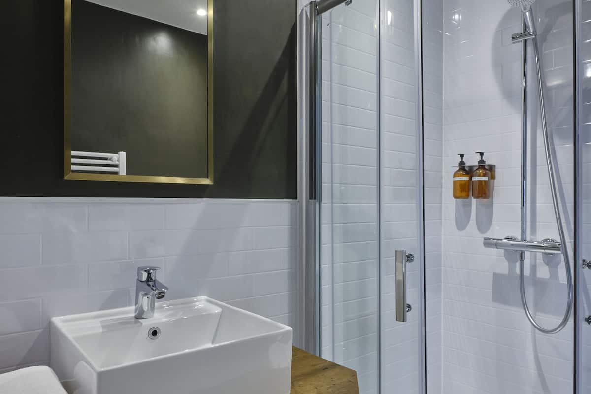 deluxe double room | bathroom | shower, eco-friendly toiletries, hair dryer, towels