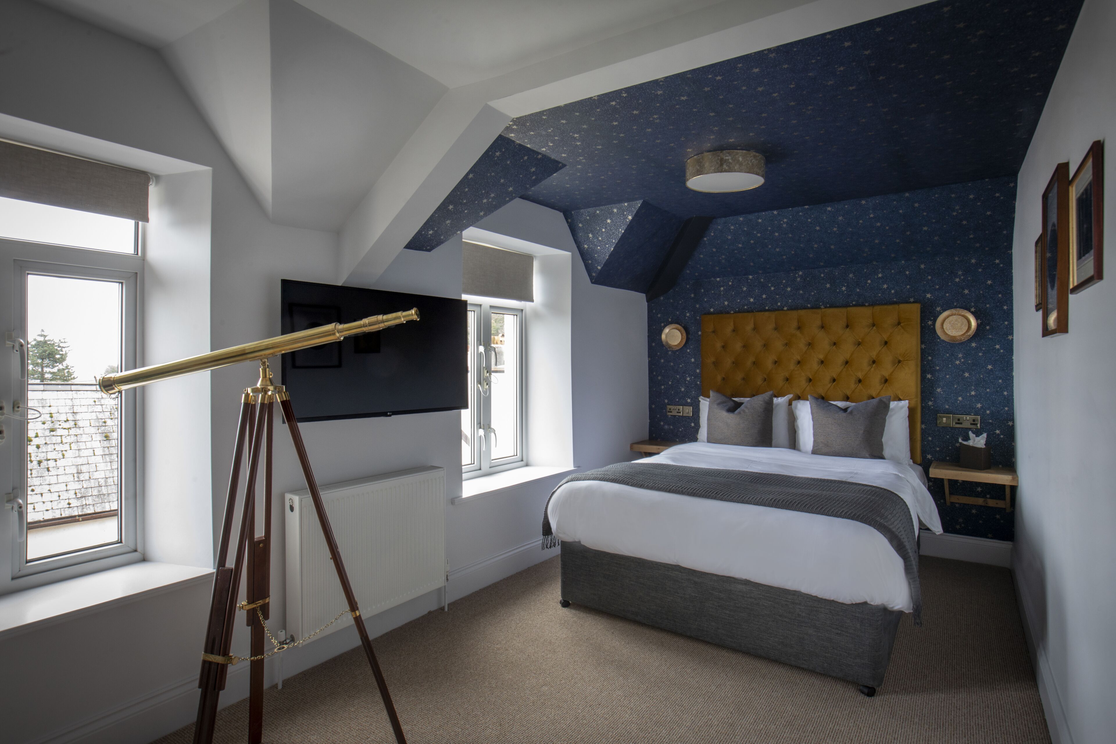 A bedroom with a star-patterned ceiling, a telescope, a bed with a tufted headboard, and a window with a view of the outside.