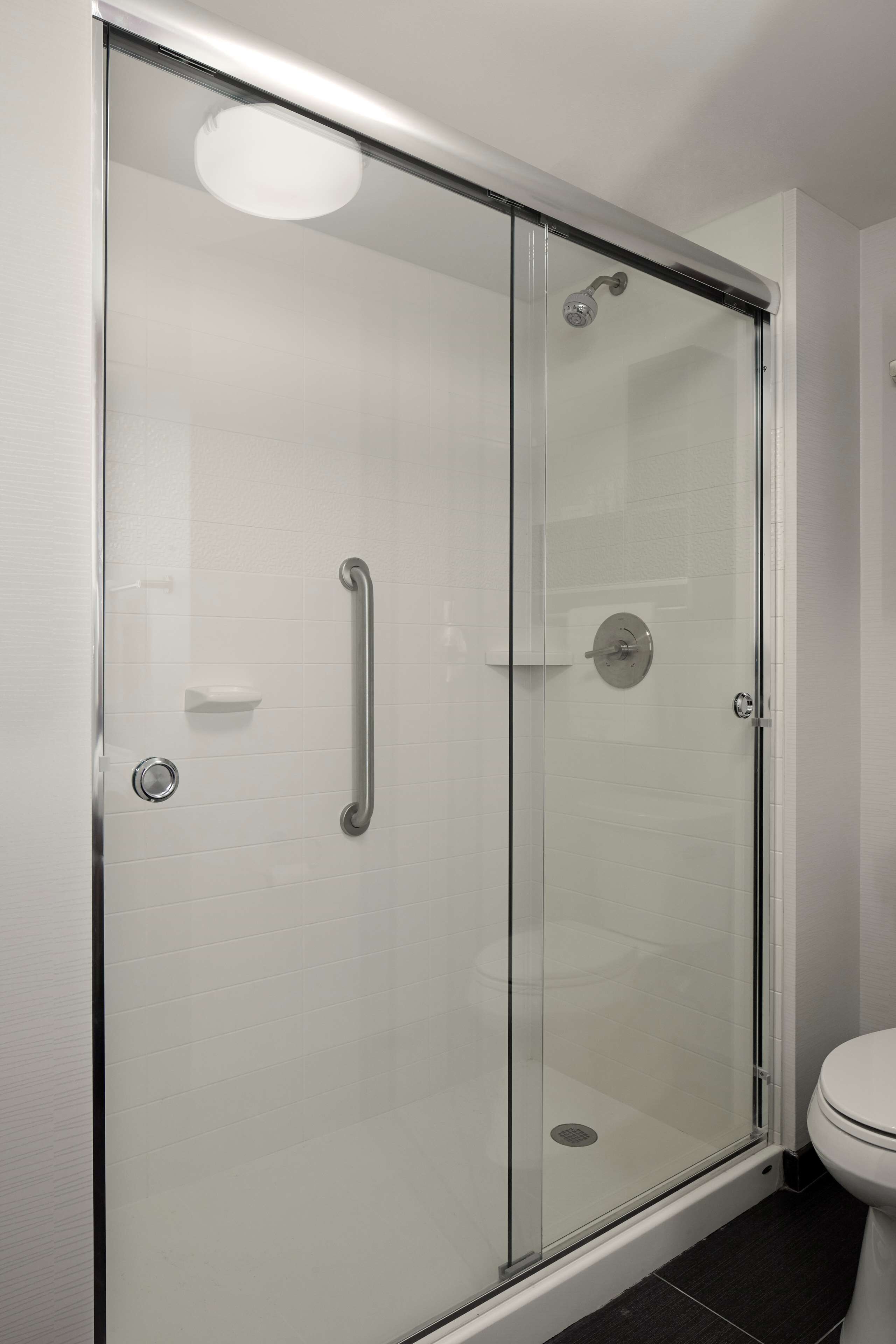 A glass-enclosed shower with a sliding door, a toilet, and a small shelf.