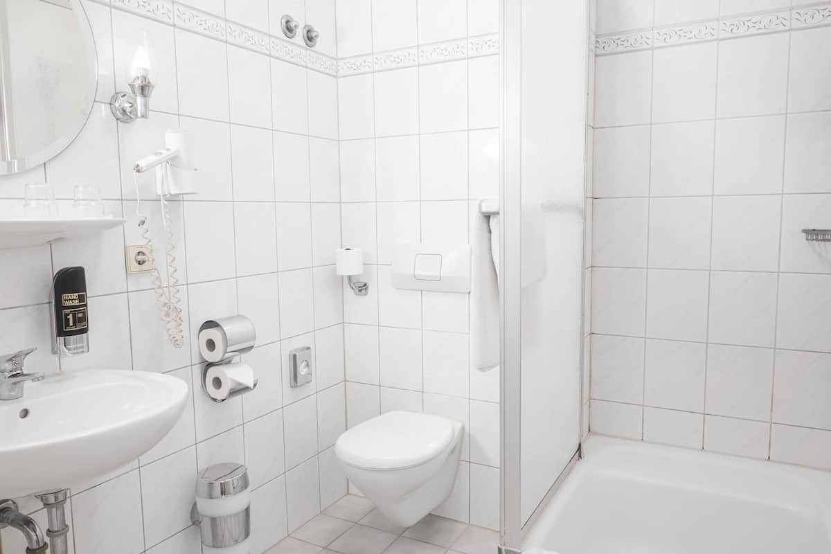 Shower, free toiletries, hair dryer, towels