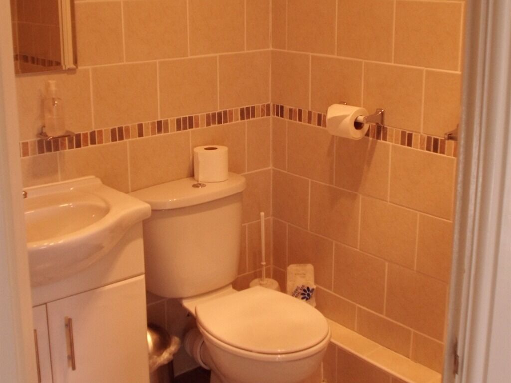 A small bathroom with a toilet, sink, and a shower area.