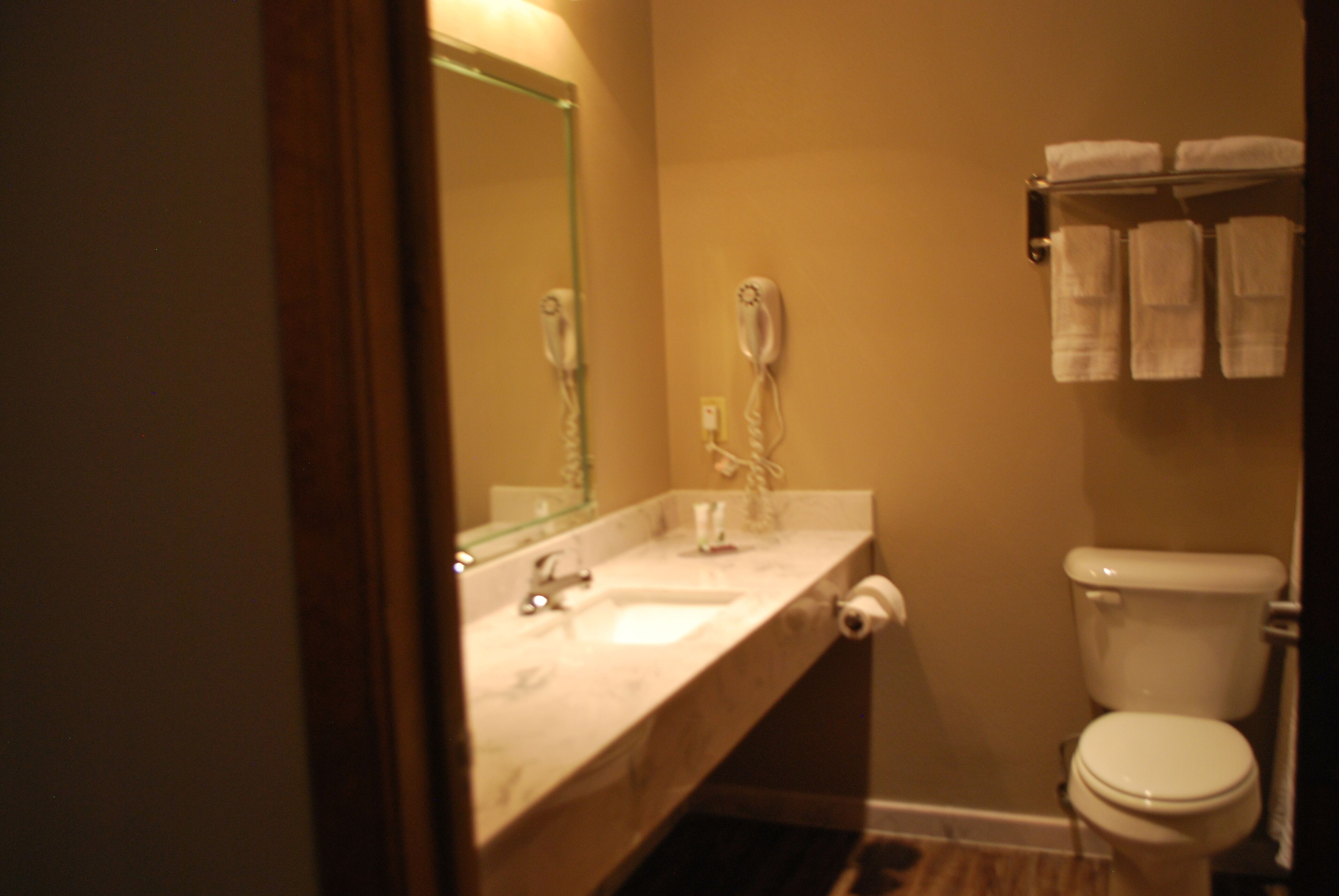 combined shower/bathtub, hair dryer, towels