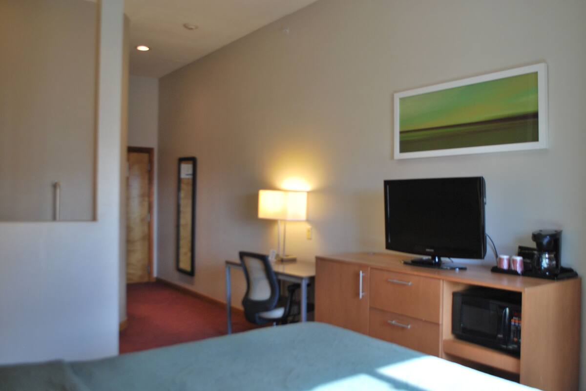 Habitación de hotel con cama, escritorio, silla, televisor y un cuadro en la pared.