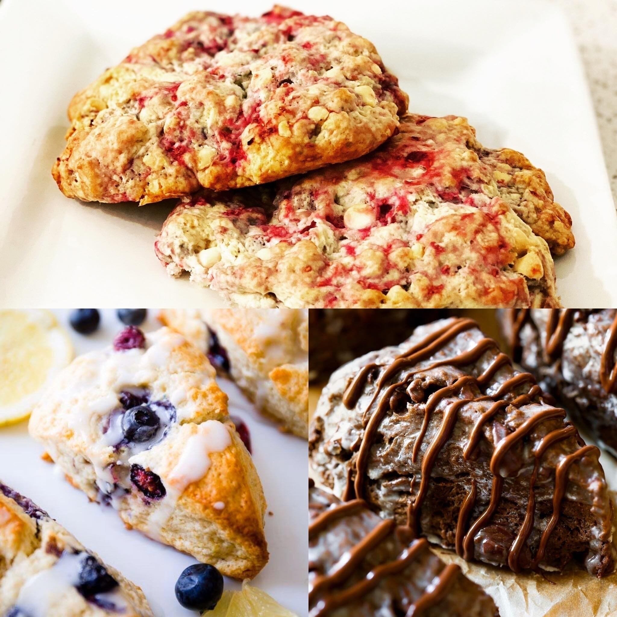 A variety of baked goods including scones and pastries.