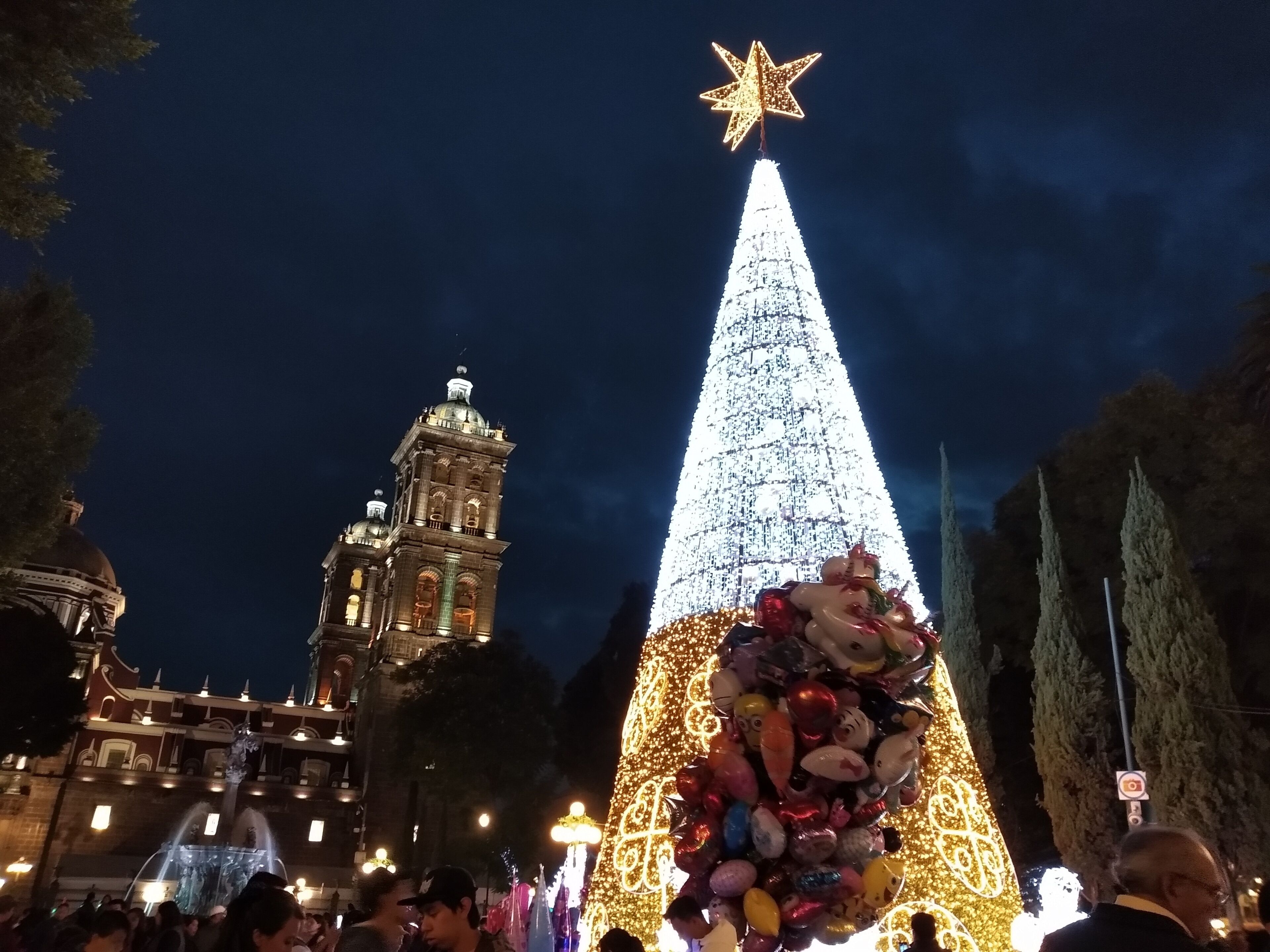 A large, illuminated Christmas tree with a star on top, surrounded by a crowd.
