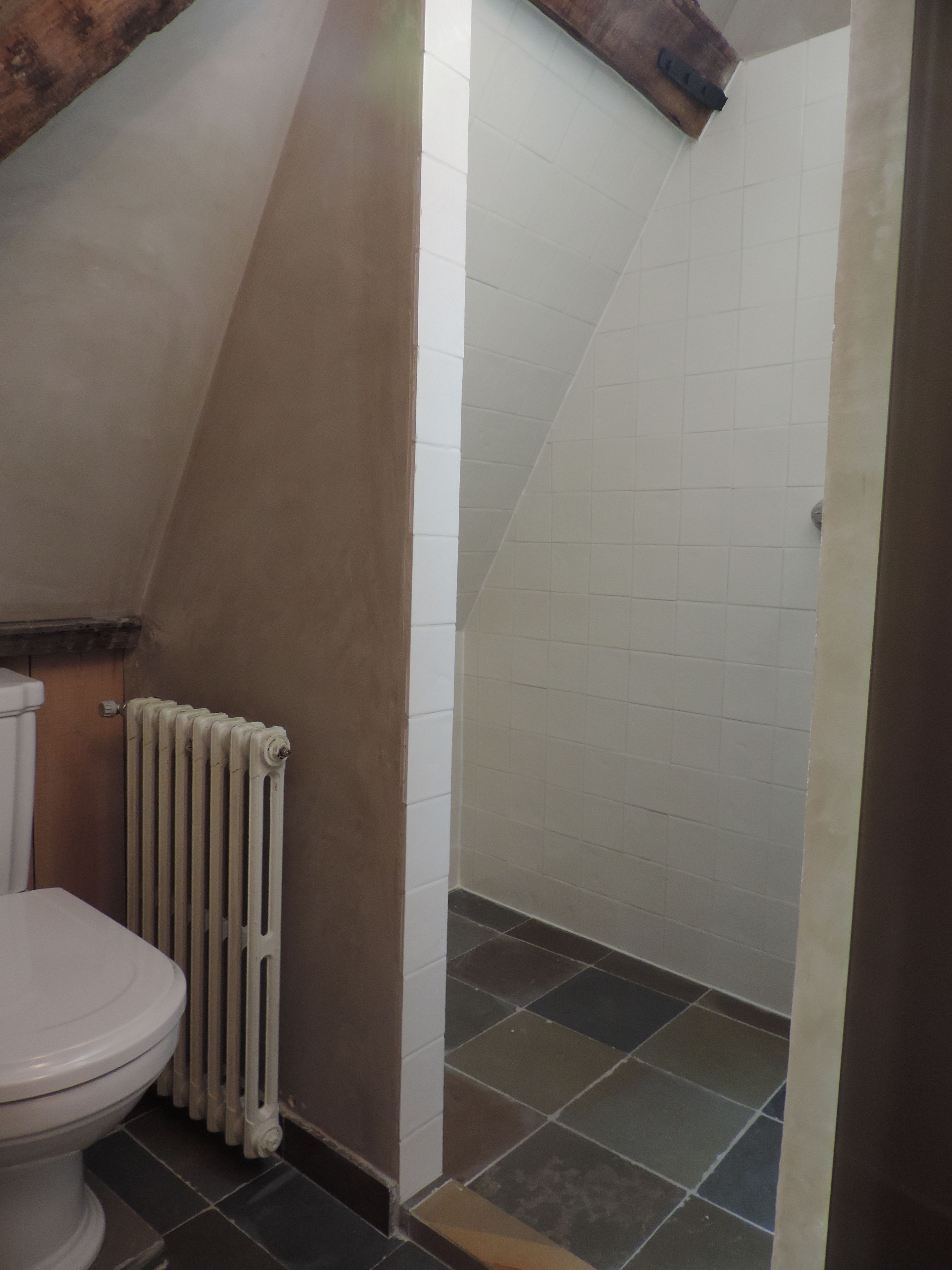 A bathroom with a toilet, a radiator, and a shower area with tiled walls and floor.