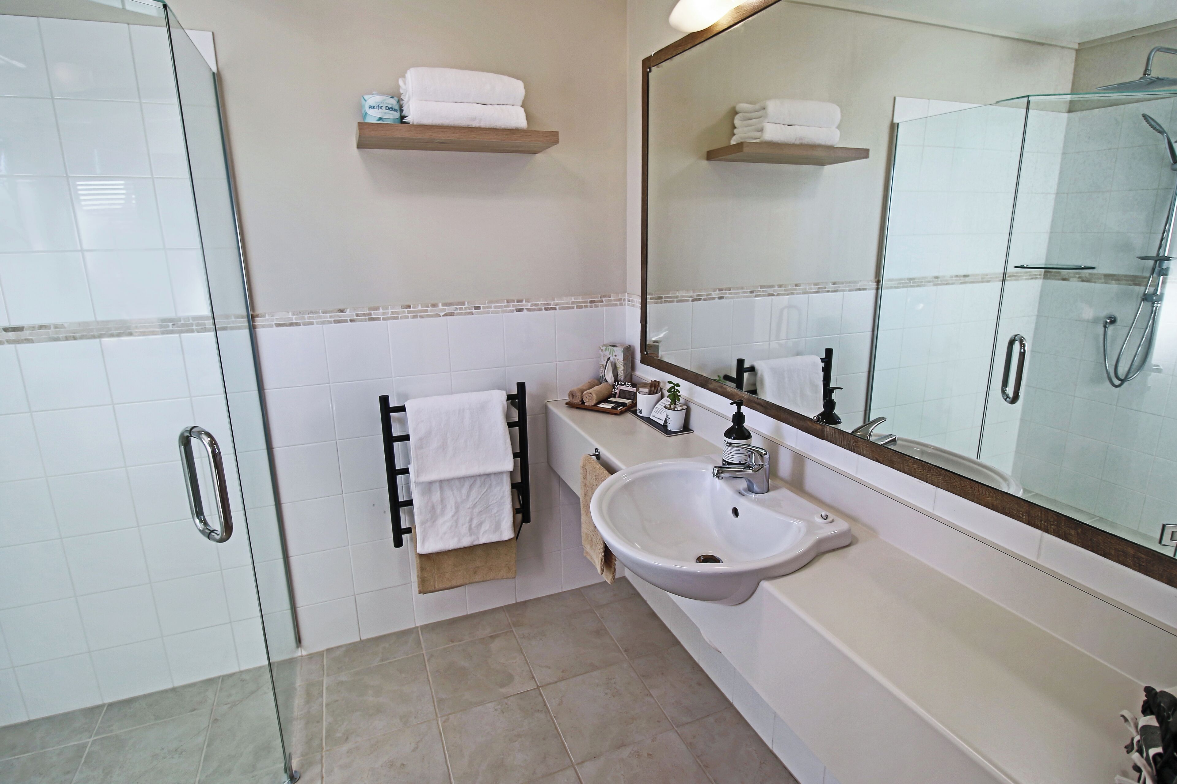 Une salle de bain moderne avec une douche à l’italienne en verre, un lavabo blanc et un grand miroir.
