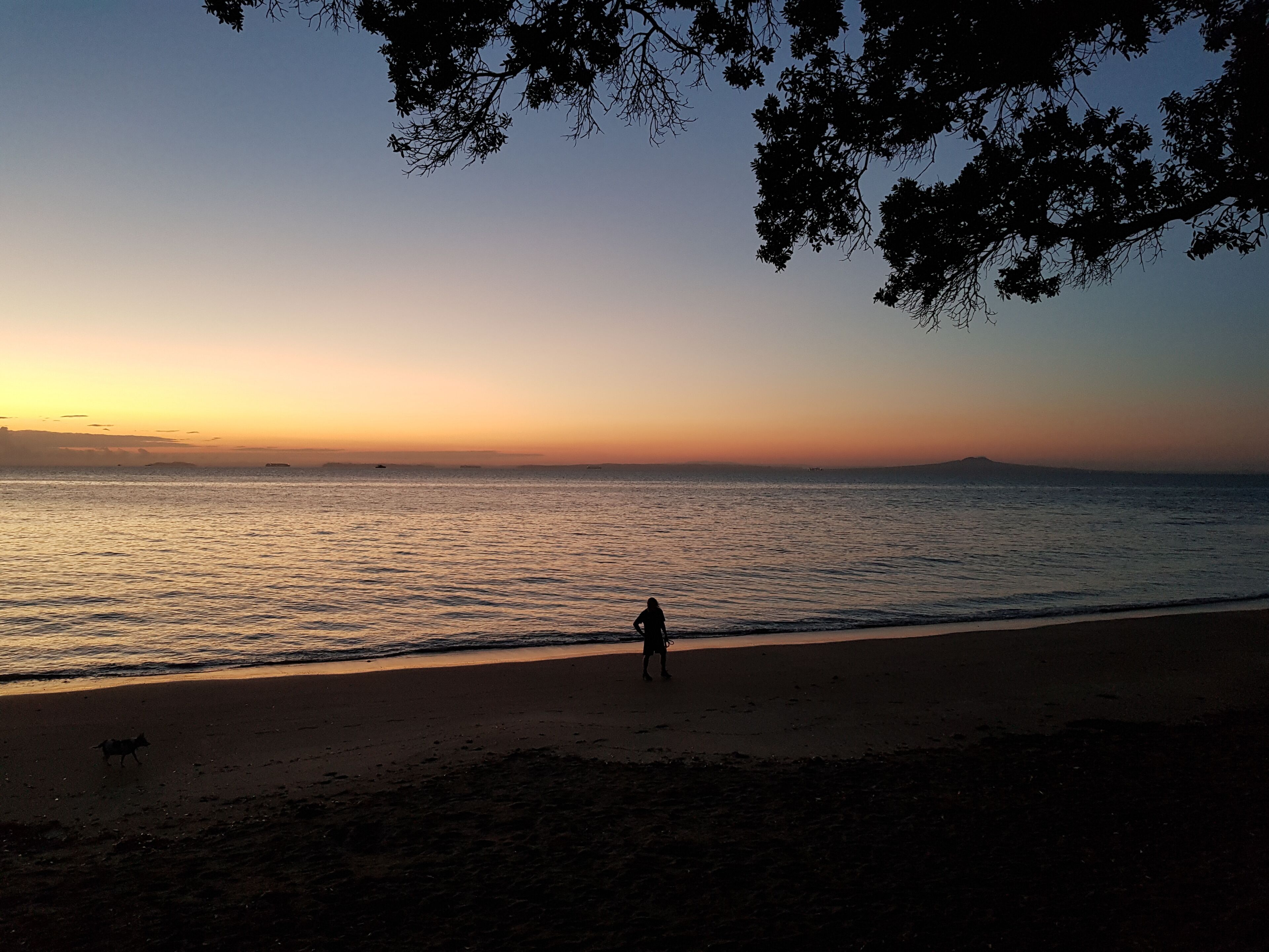 A beach scene with a person walking along the shore.