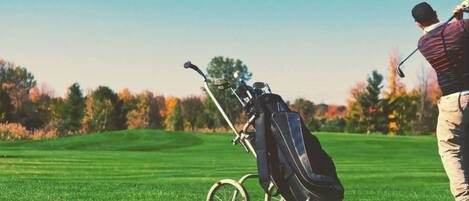 A golf course with a golf bag and a golfer in a striped shirt.