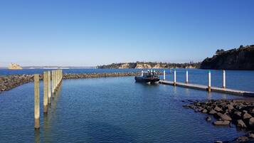 A coastal scene with a rocky pier extending into calm waters, a small boat docked at the end, and a distant rocky coastline.