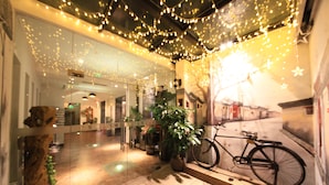 Un espacio interior cálidamente iluminado, con suelo de madera, plantas en macetas y una bicicleta apoyada contra una pared.