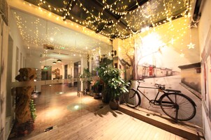 A warmly lit indoor space with wooden flooring, potted plants, and a bicycle leaning against a wall.