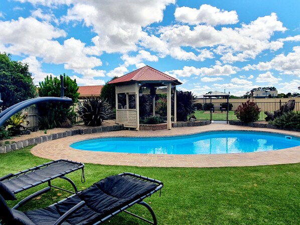 Outdoor pool, open 8 AM to 8 PM, sun loungers