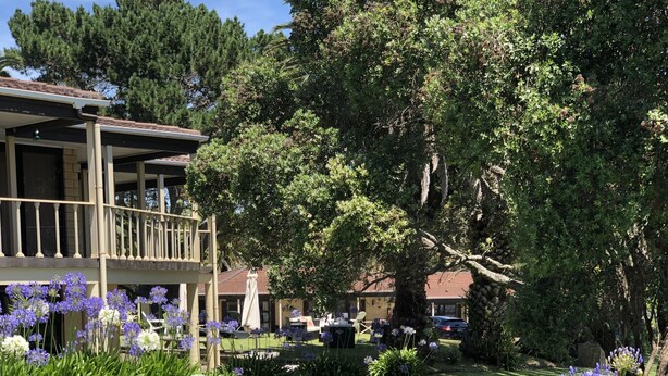 A garden with a wooden deck, lush greenery, and flowering plants. - Half Moon Bay Motel (Auckland)