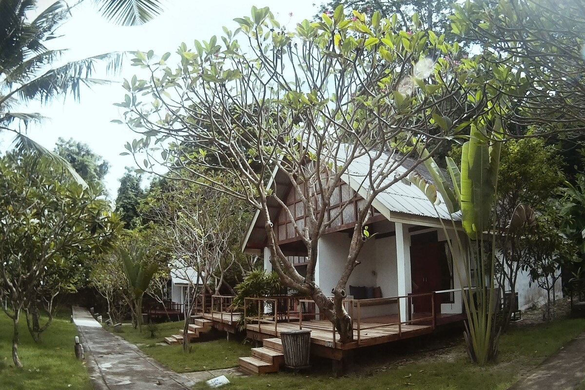 A bungalow with a wooden deck, surrounded by lush greenery and a concrete pathway.