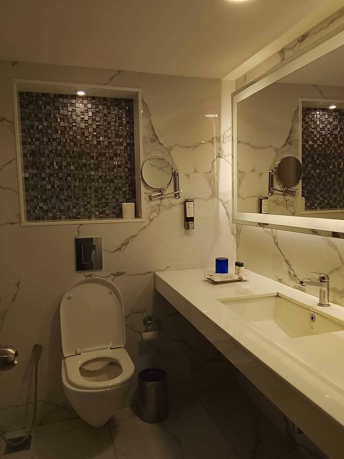 A bathroom with a toilet, a sink, and a mirror.