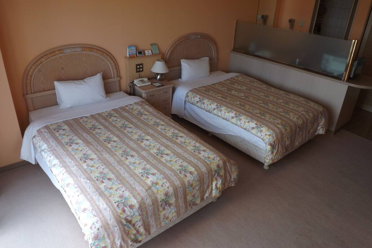 A hotel room with two beds, a nightstand with a lamp, a telephone, and a mirror.