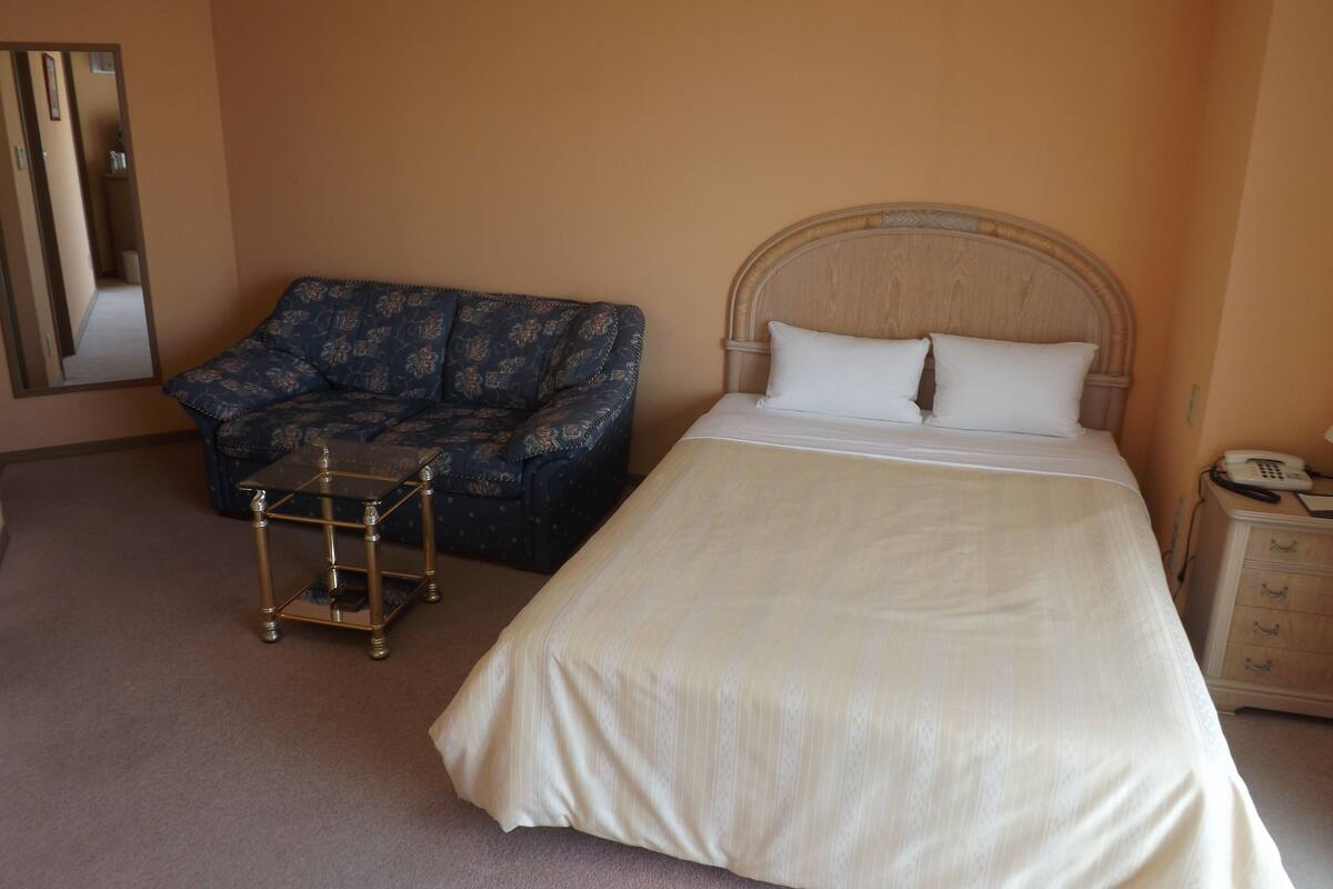 A hotel room with a bed, a sofa, a small table, and a bedside telephone.
