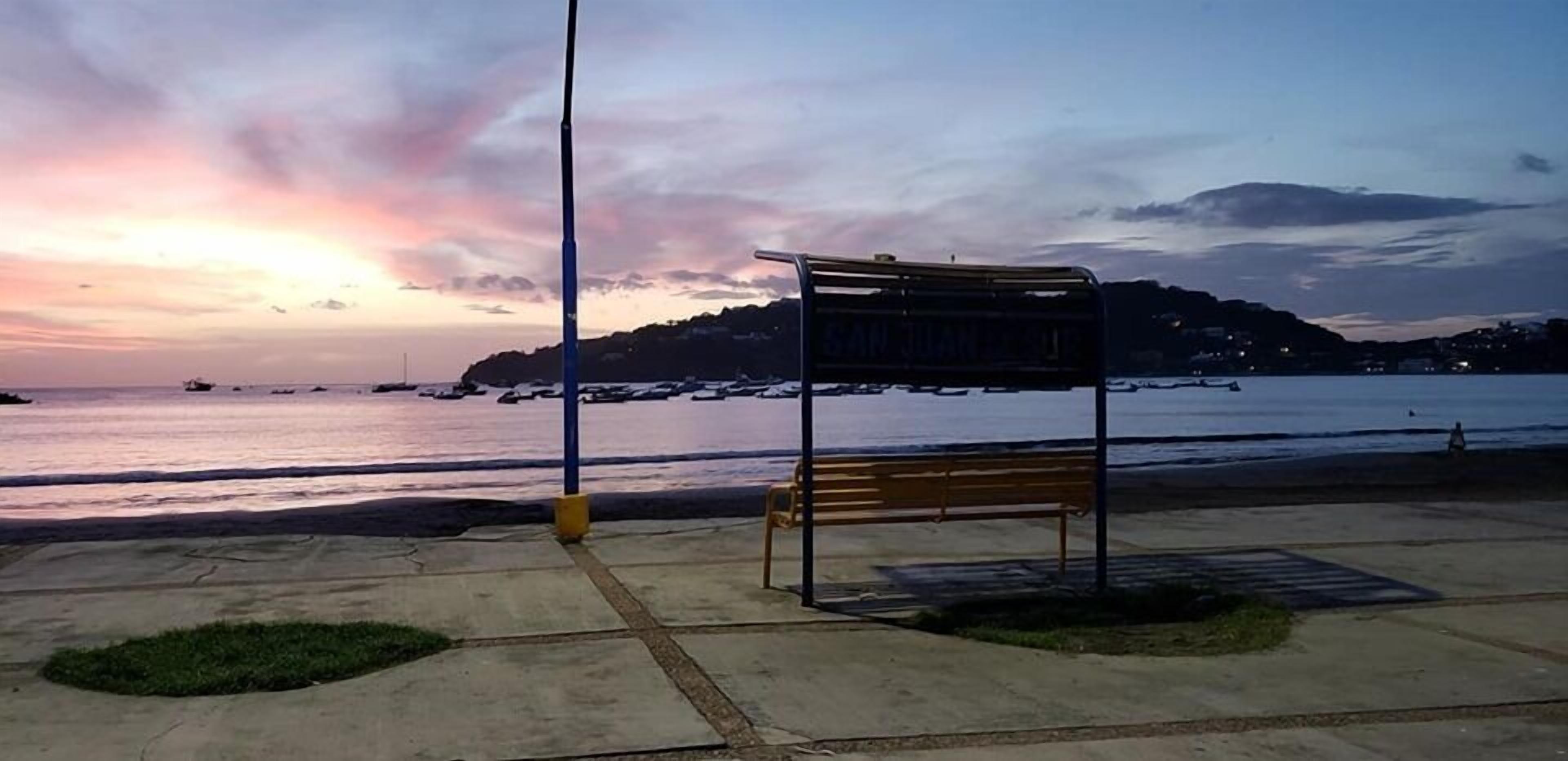 A bench at a waterfront with a sunset view, a metal sign, and a grassy area.