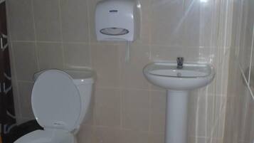 Une salle de bain équipée de toilettes, d’un lavabo et d’un distributeur d’essuie-tout.