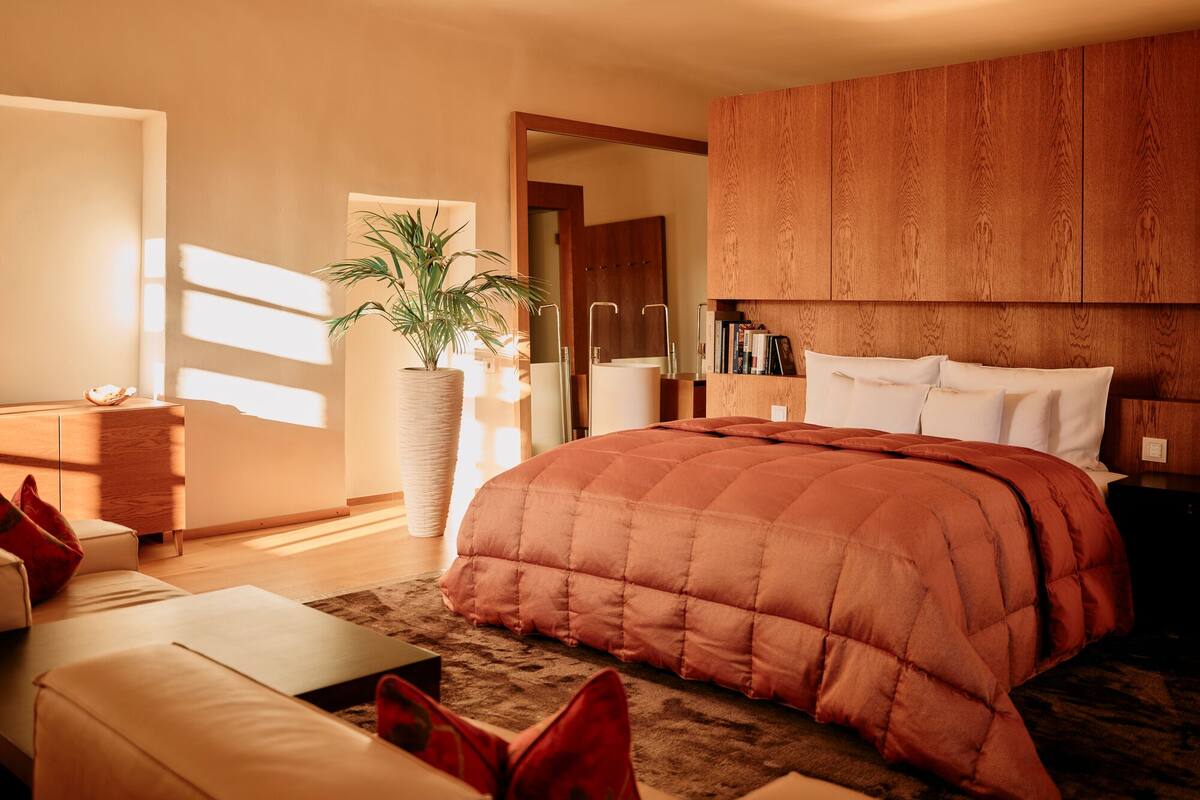 A modern bedroom with a large bed, a wooden headboard, a potted plant, and a bedside table.